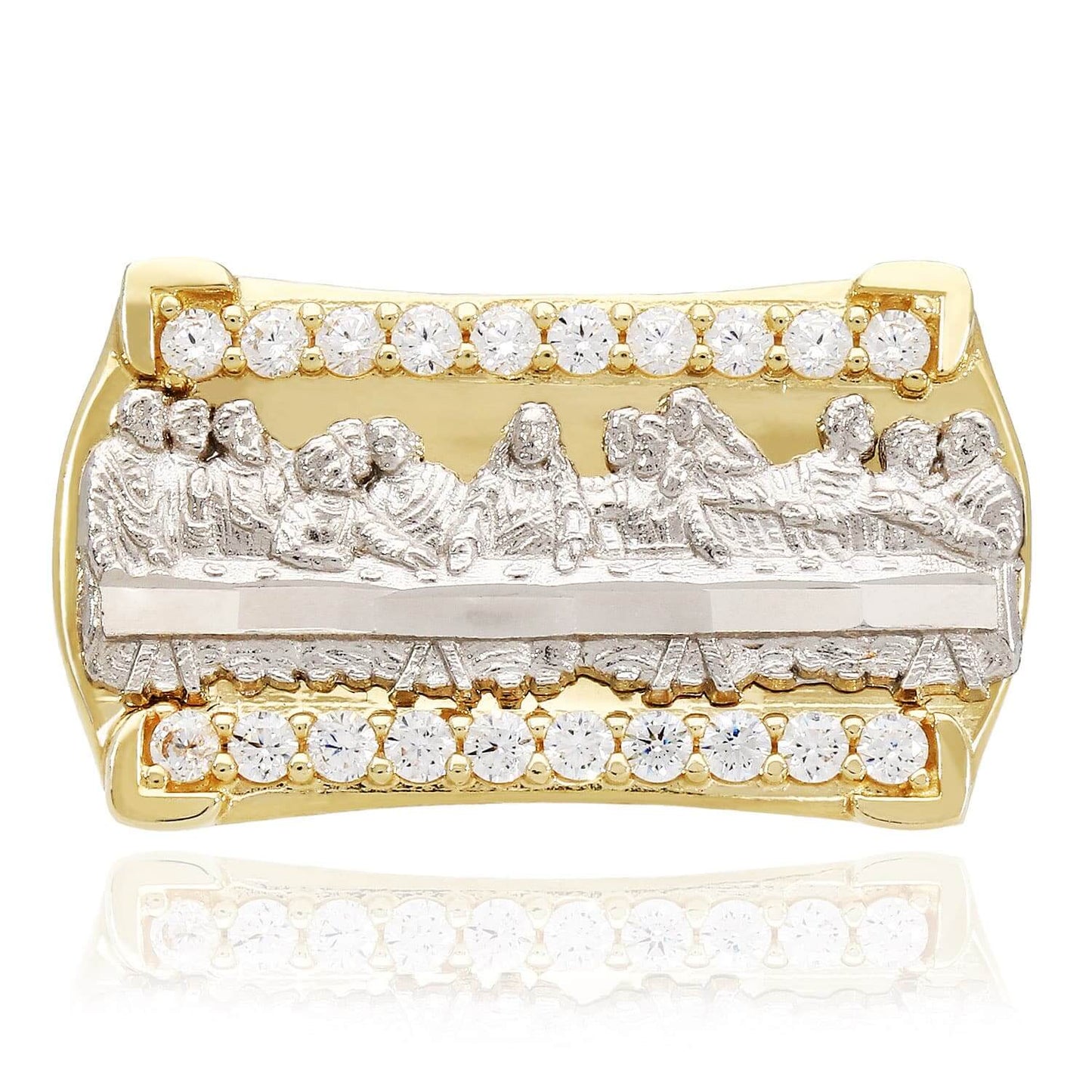 10K Gold Two-Tone CZ Religious Last Supper Signet Ring