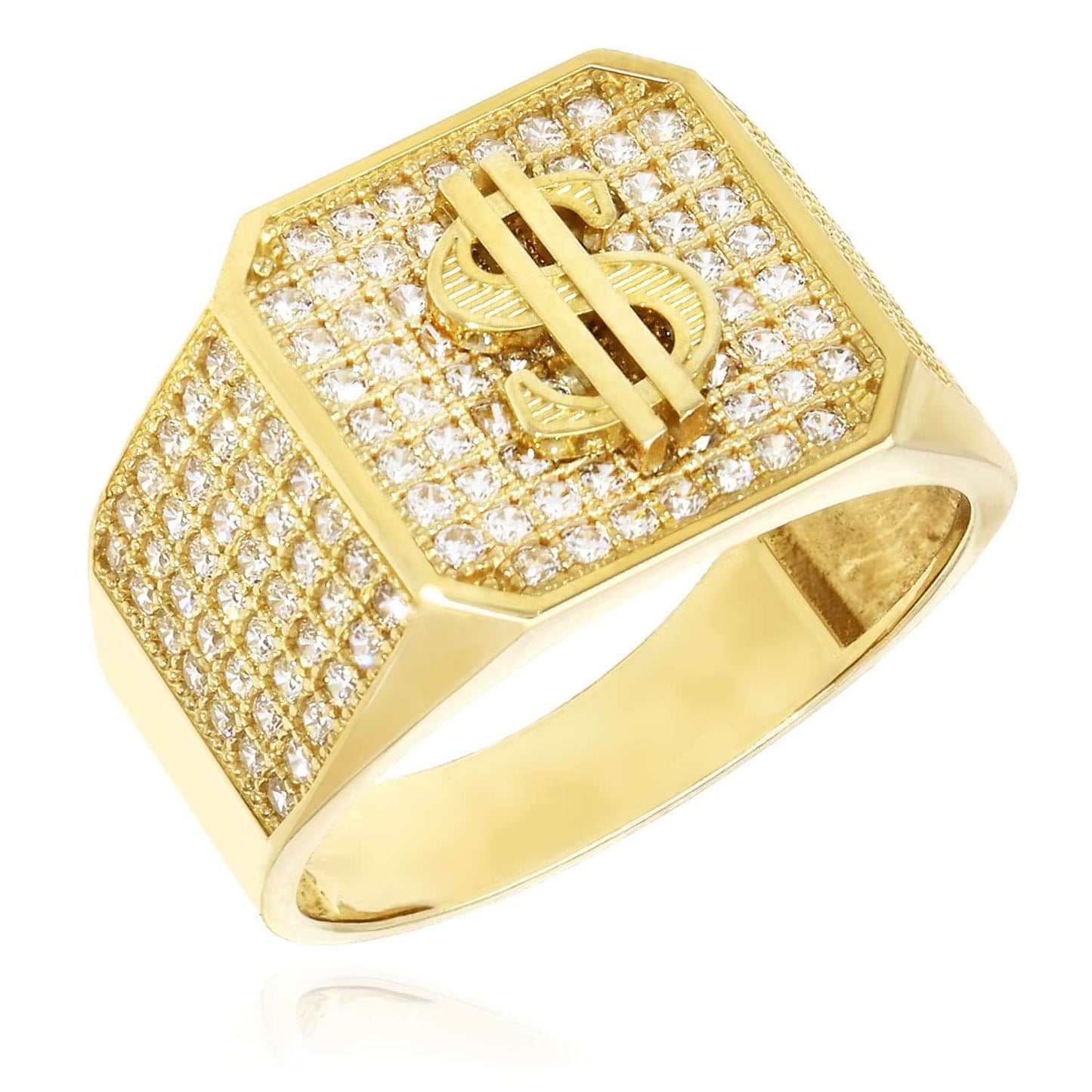 10K Gold Yellow CZ Pave Dollar Sign Signet Mens Ring