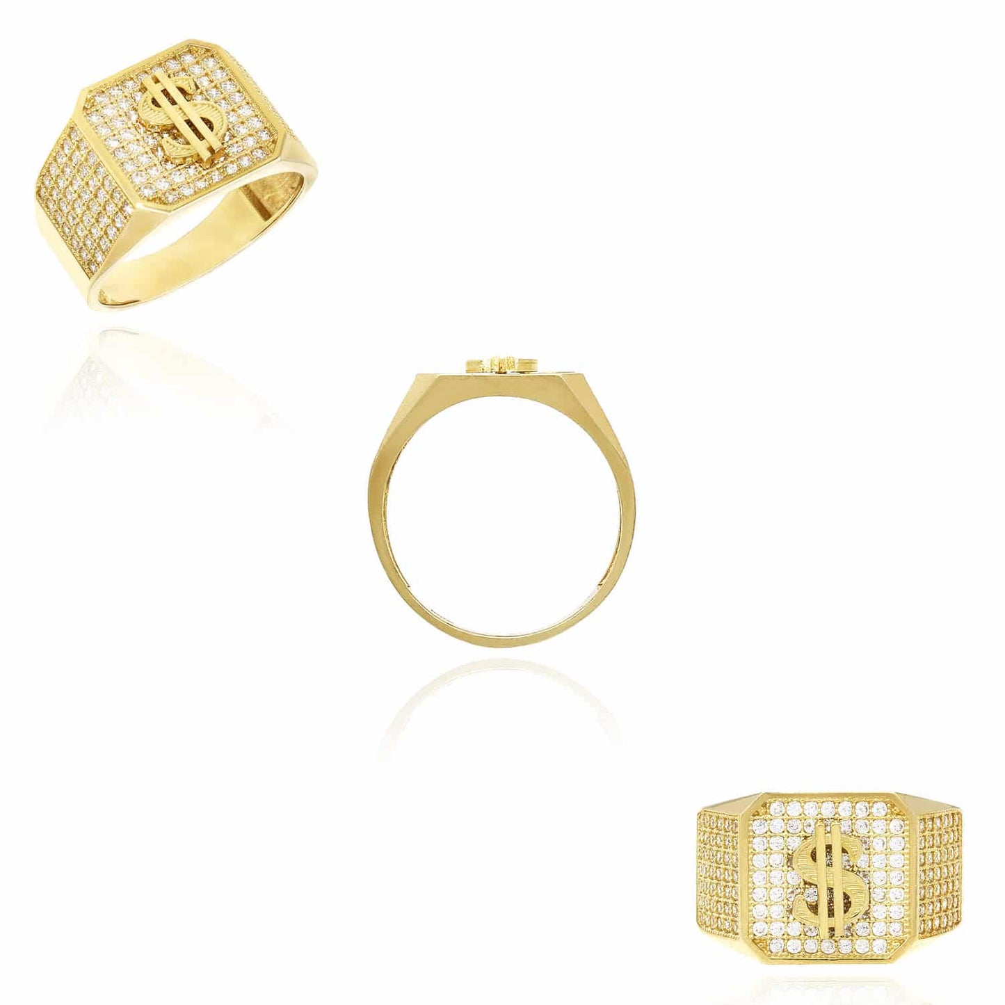 10K Gold Yellow CZ Pave Dollar Sign Signet Mens Ring