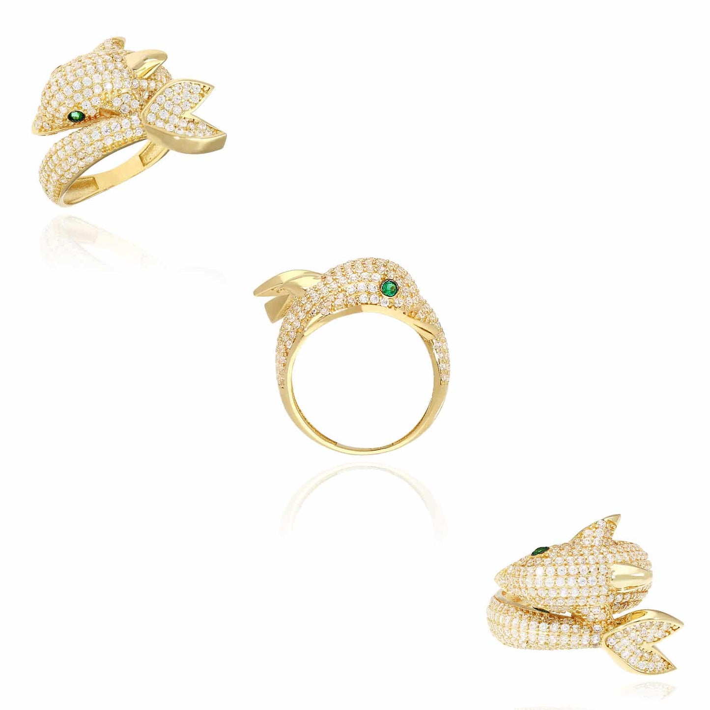 14K Gold Yellow CZ Pave And Emerald Dolphin Lady's Cocktail Ring