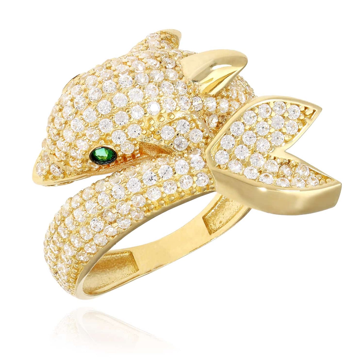 14K Yellow Gold CZ Pave And Emerald Dolphin Lady's Cocktail Ring