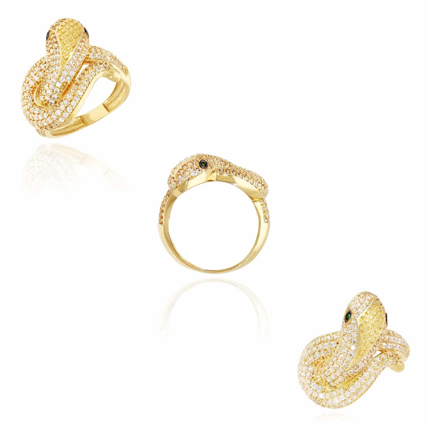 14K Gold Yellow CZ Pave And Emerald 3D Cobra Snake Cocktail Ring