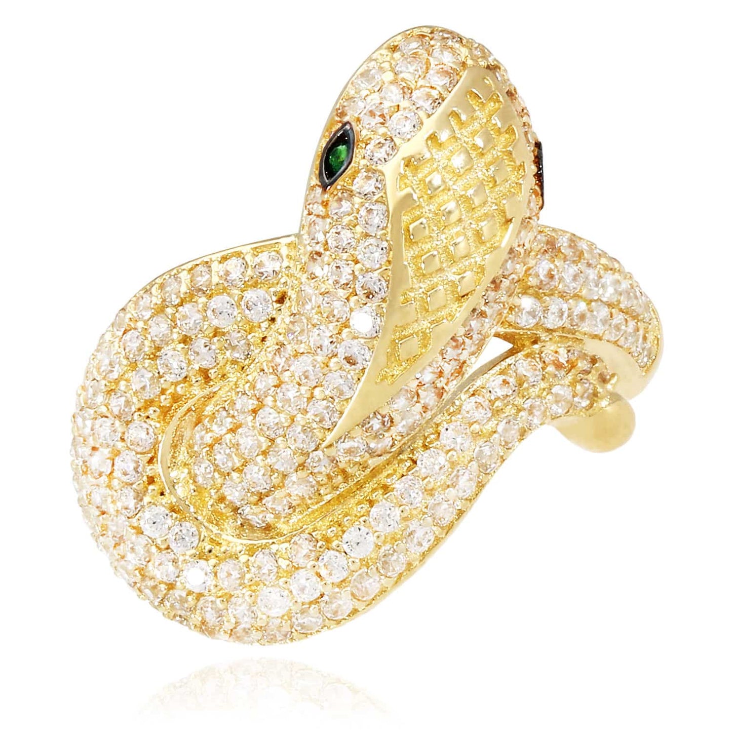 14K Gold Yellow CZ Pave And Emerald 3D Cobra Snake Cocktail Ring