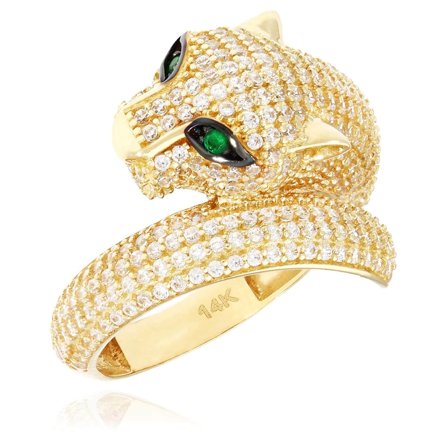 14K Yellow Gold CZ Pave And Emerald 3D Panther Cocktail Ring