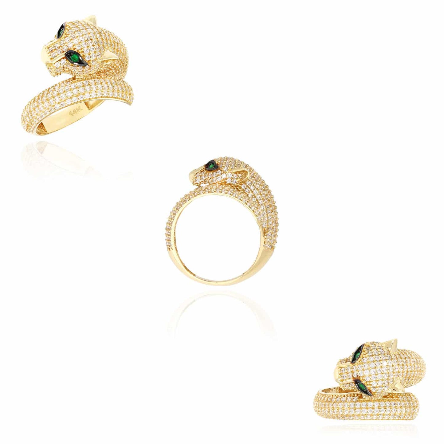14K Yellow Gold CZ Pave And Emerald 3D Panther Cocktail Ring