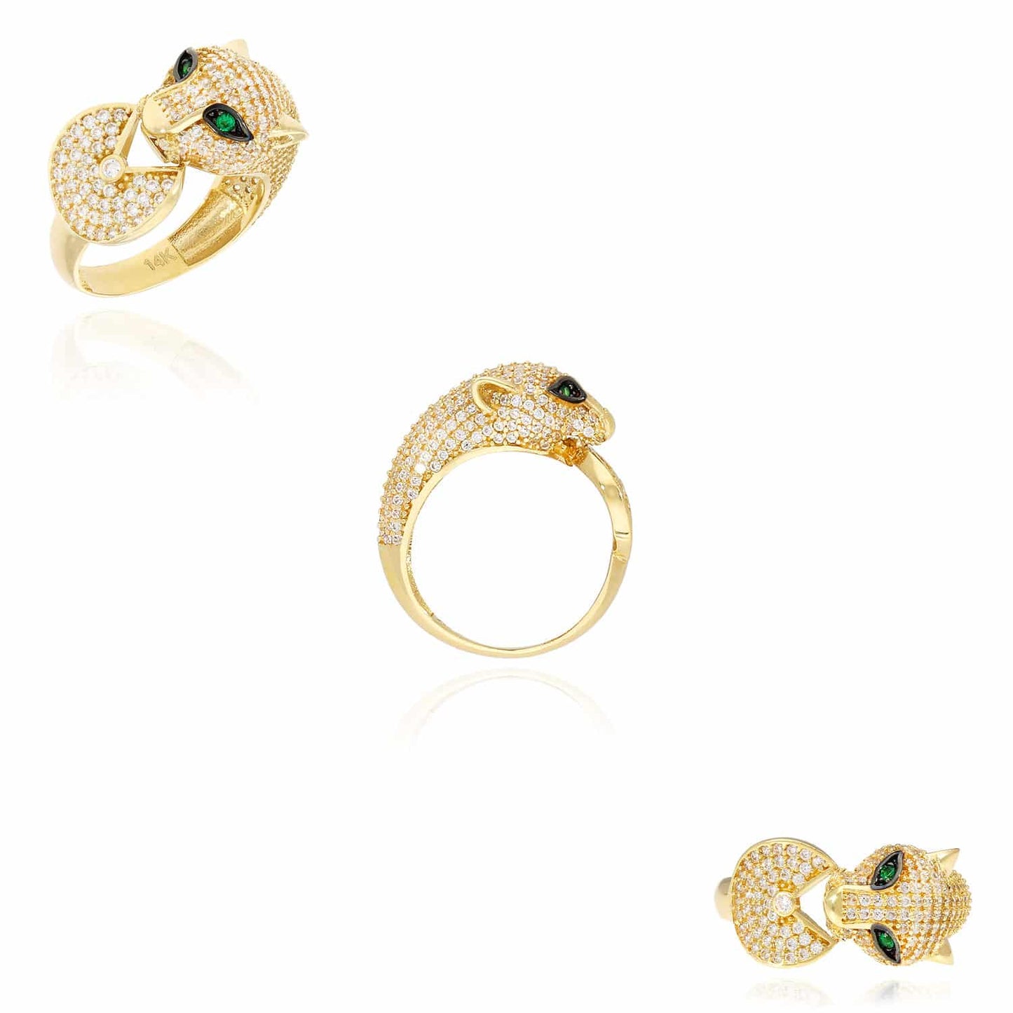 14K Gold Yellow CZ Pave And Emerald 3D Panther Ring