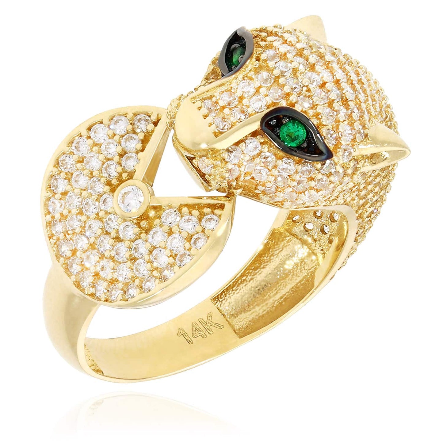 14K Gold Yellow CZ Pave And Emerald 3D Panther Ring
