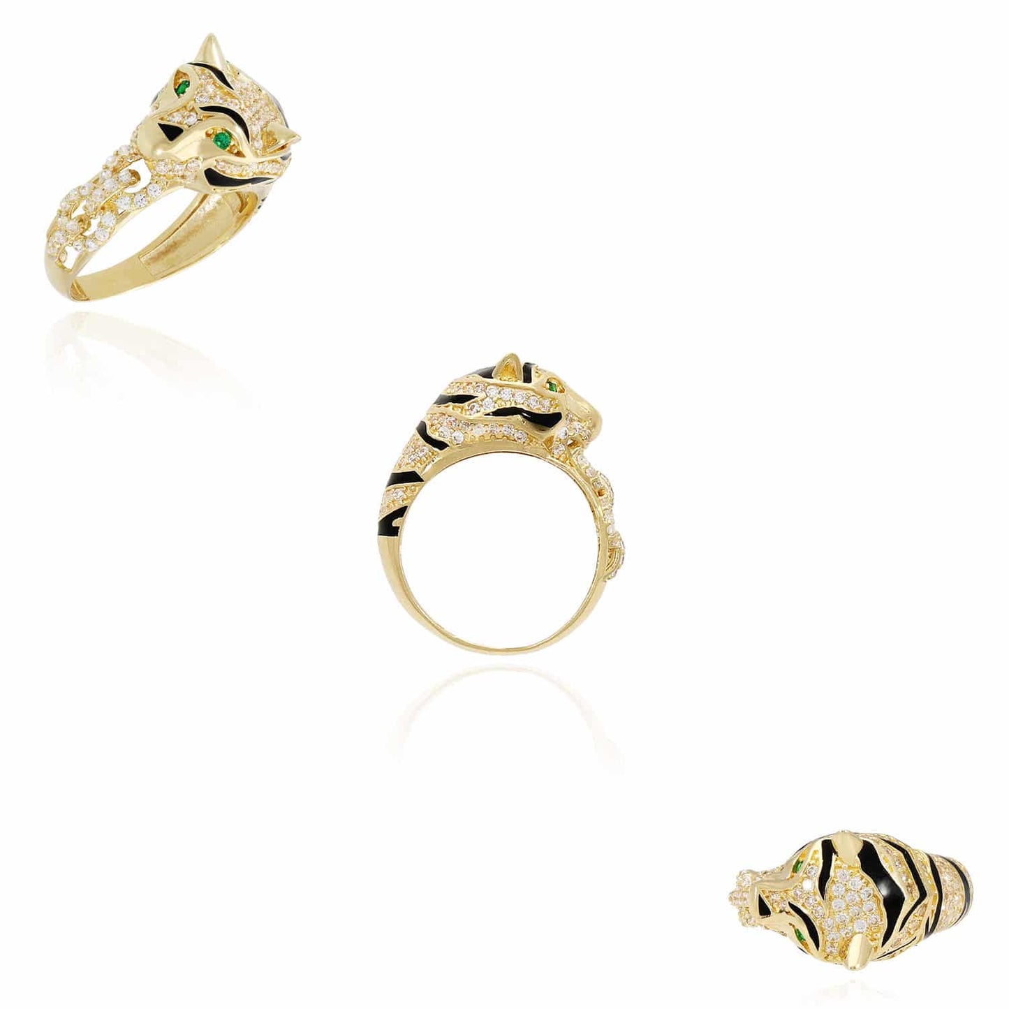 14K Gold Yellow CZ And Emerald Black Enamel 3D Tiger Ring Band