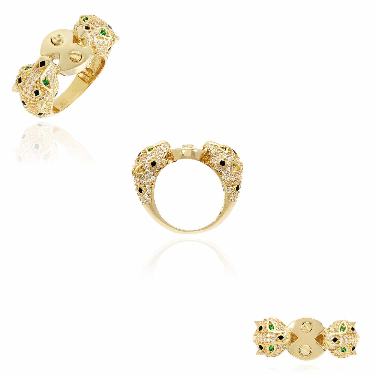 14K Yellow Gold CZ Pave Emerald Black Enamel Panther Ring