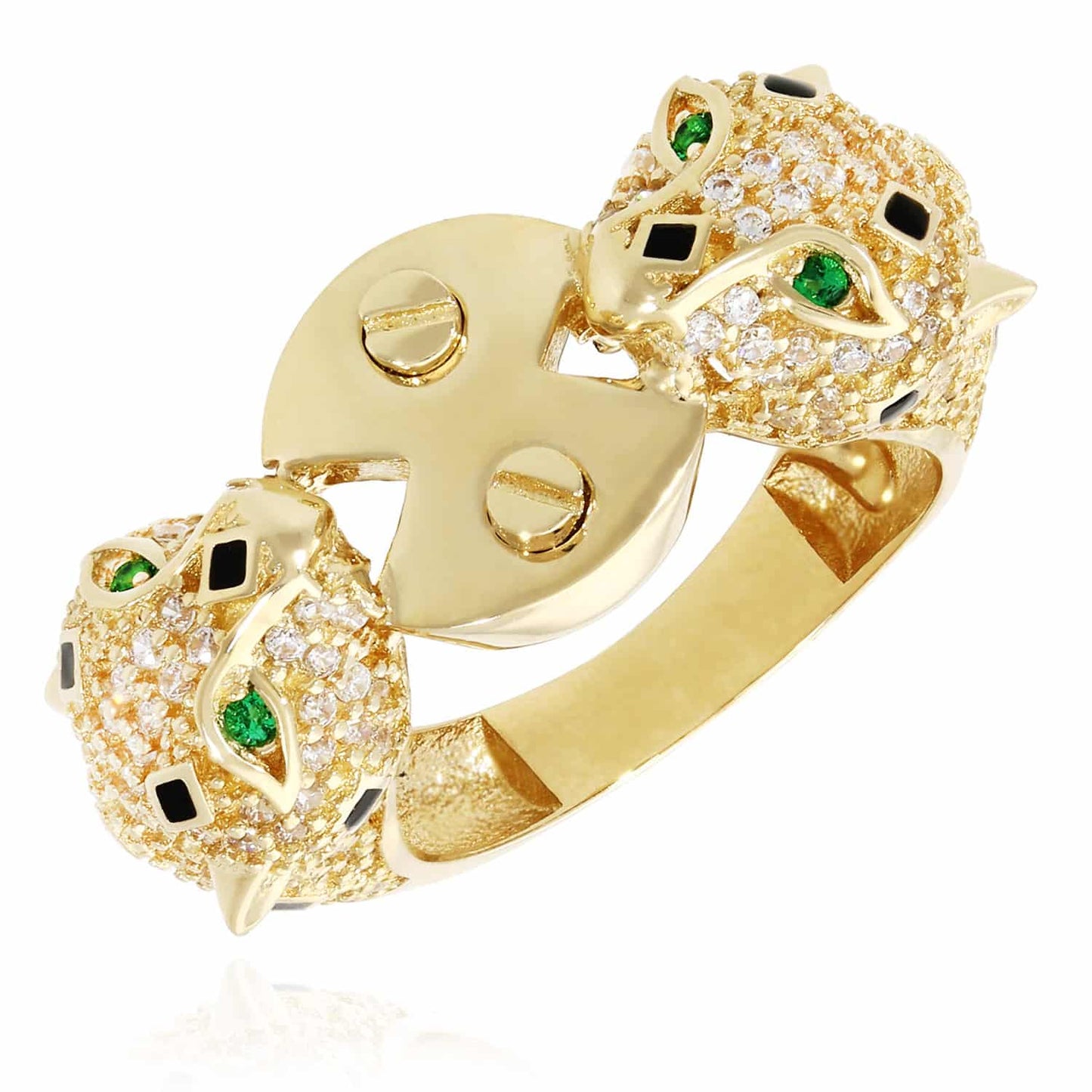 14K Yellow Gold CZ Pave Emerald Black Enamel Panther Ring