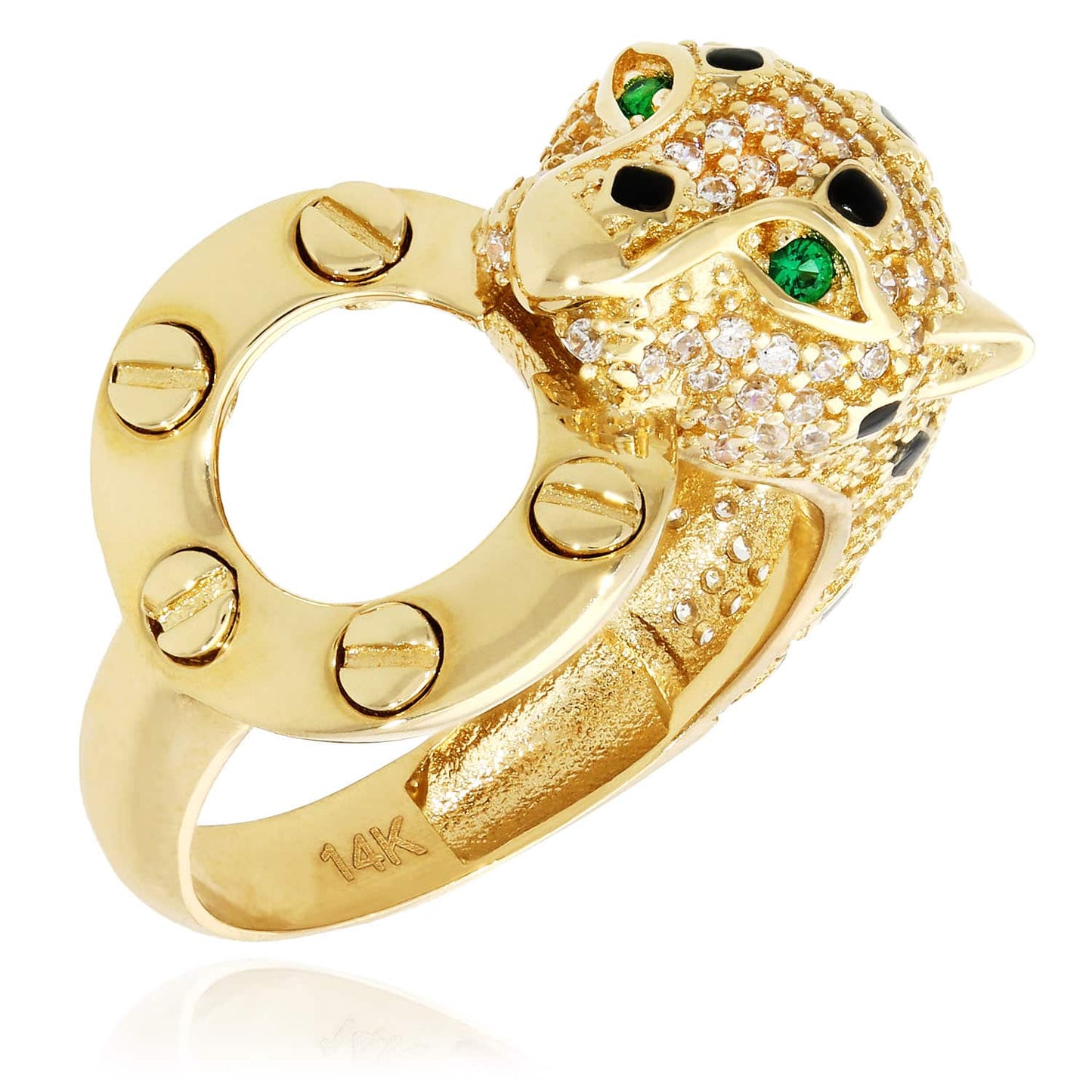 14K Yellow Gold CZ Emerald Eye Black Enamel 3D Panther Ring Band