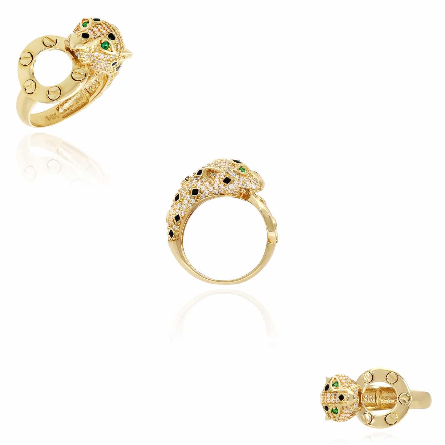14K Yellow Gold CZ Emerald Eye Black Enamel 3D Panther Ring Band