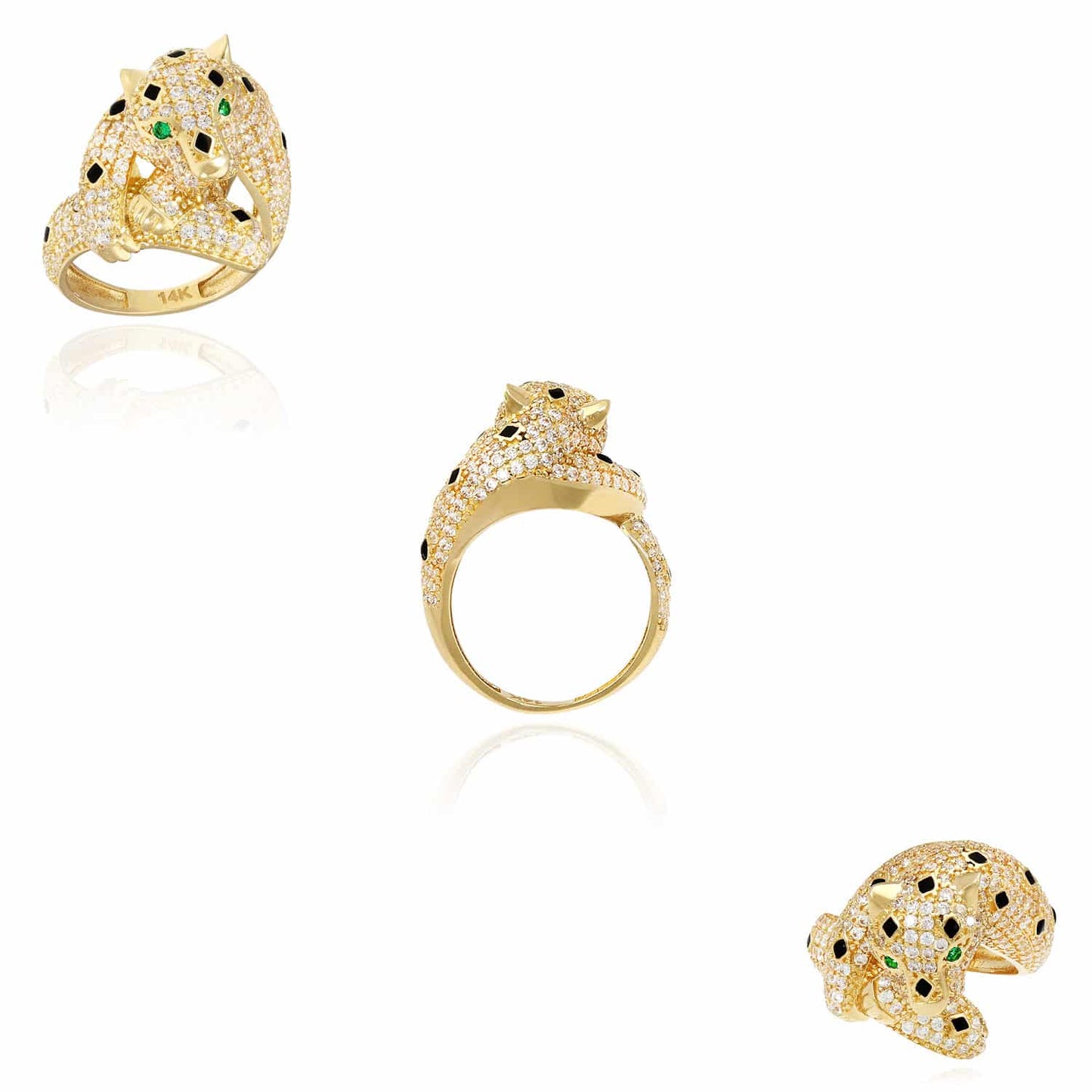 3D Panther Ring CZ Pave Emerald Eye Black Enamel 14K Gold Yellow