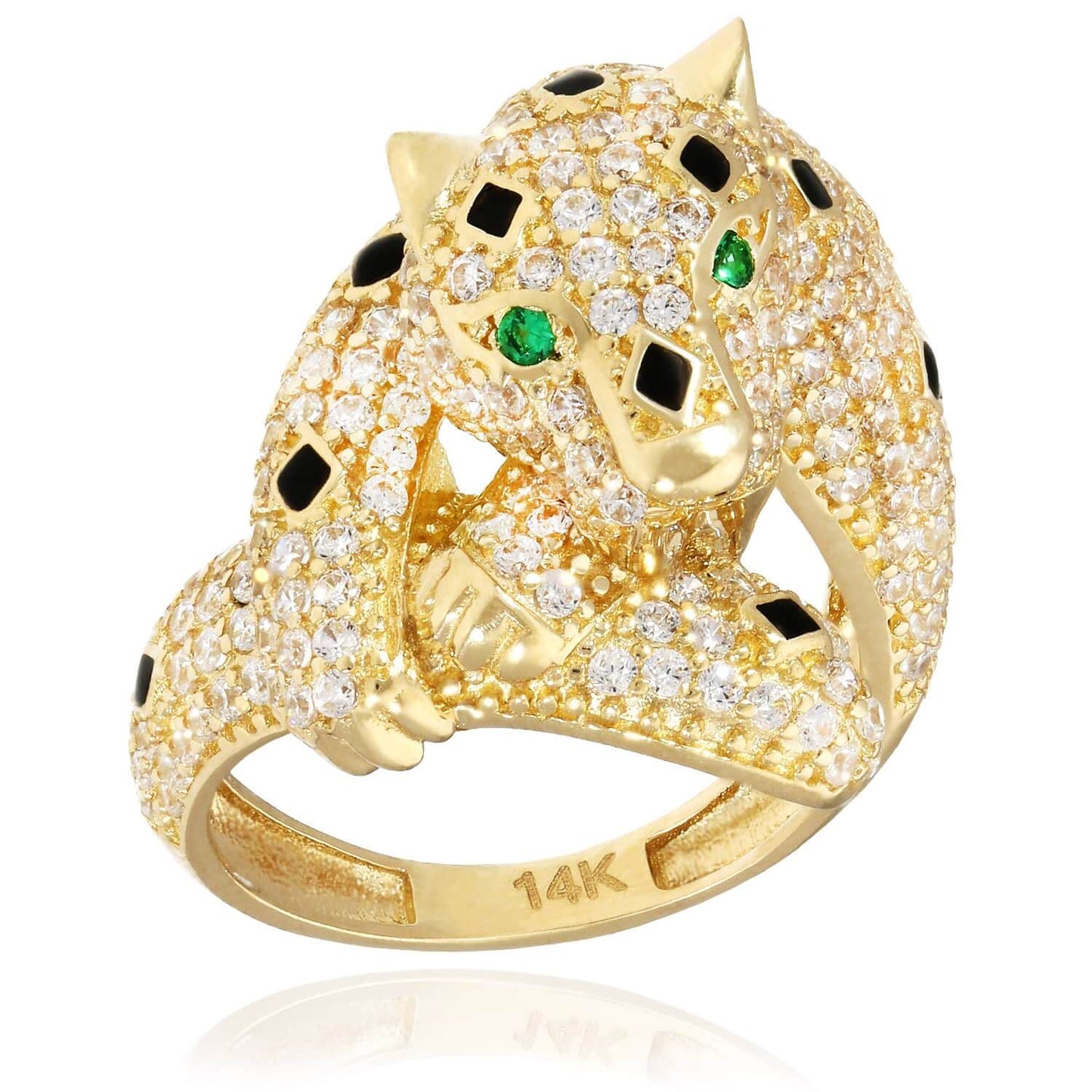 3D Panther Ring CZ Pave Emerald Eye Black Enamel 14K Yellow Gold