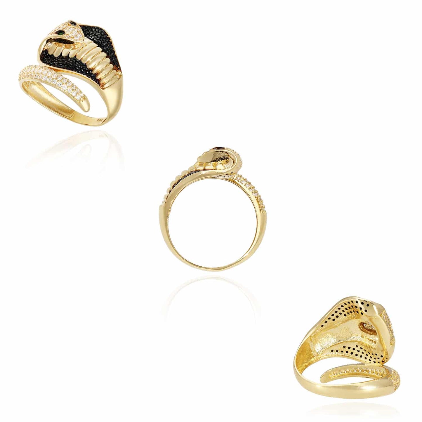 14K Gold Yellow Simulated Black & White Diamond Emerald Eye Snake Cocktail Ring