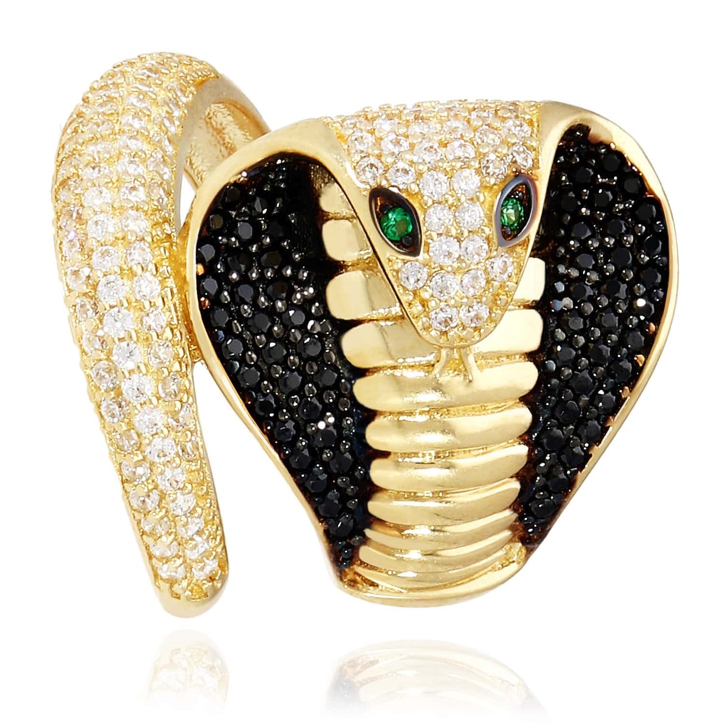 14K Gold Yellow Simulated Black & White Diamond Emerald Eye Snake Cocktail Ring