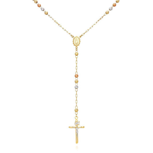 14K Tri-Color Gold 4mm Moon-Cut Ball Rosary Chain (Solid Links) 26"