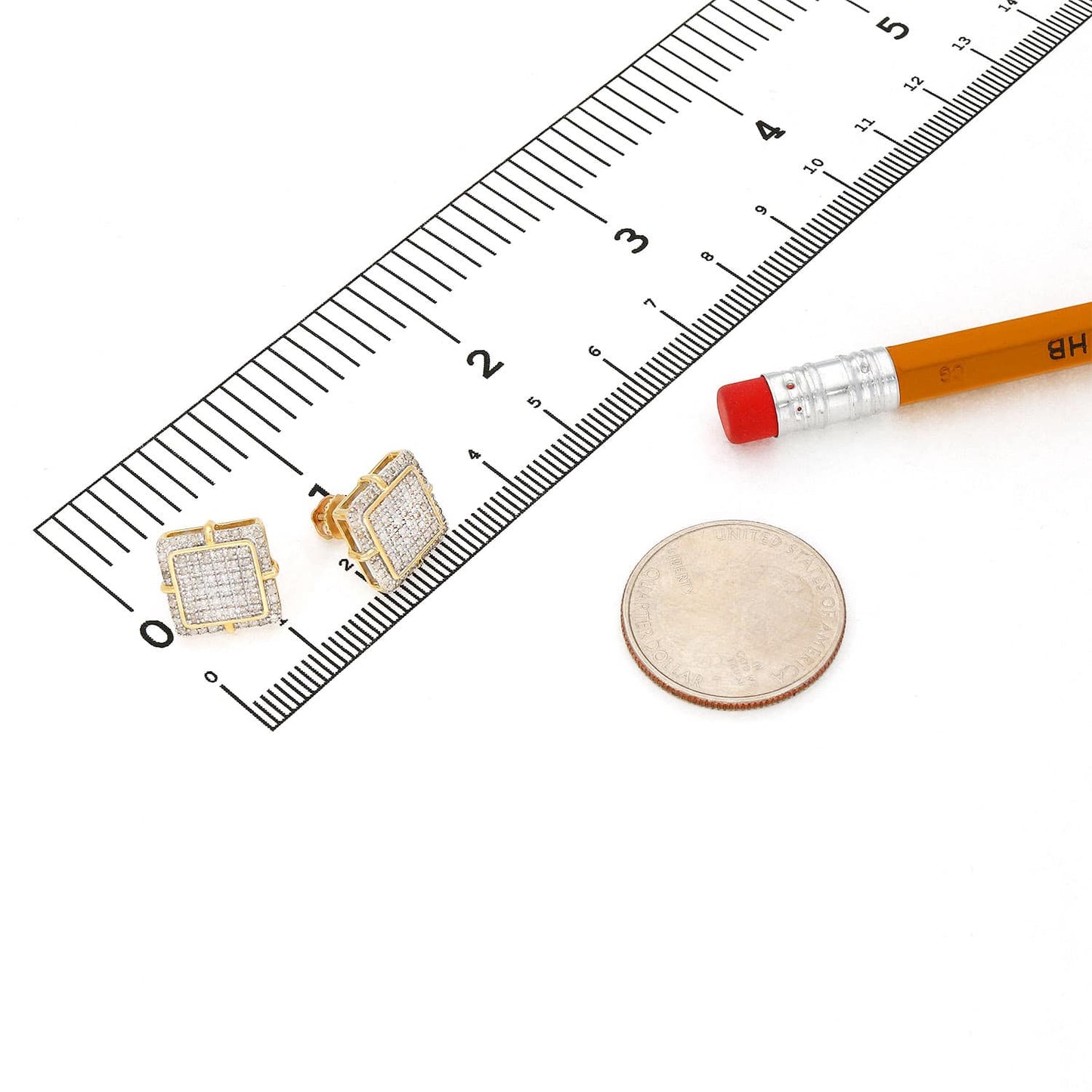 .60CT TW Natural Diamond 3D Square 10K Yellow Gold Screw Back Stud Earrings 13mm