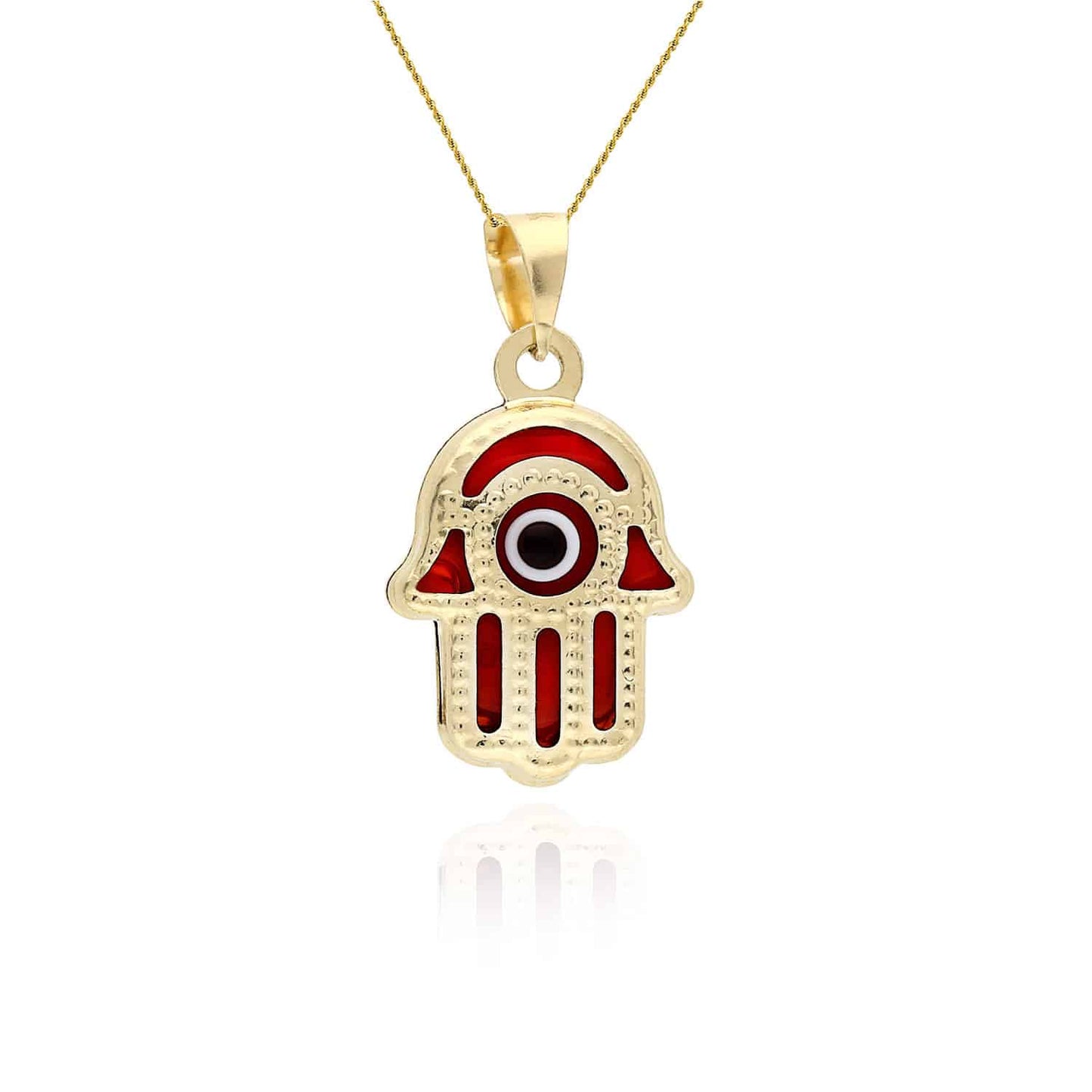 14K Gold Blue Red Evil Eye Small Hamsa Small Pendant 0.7"