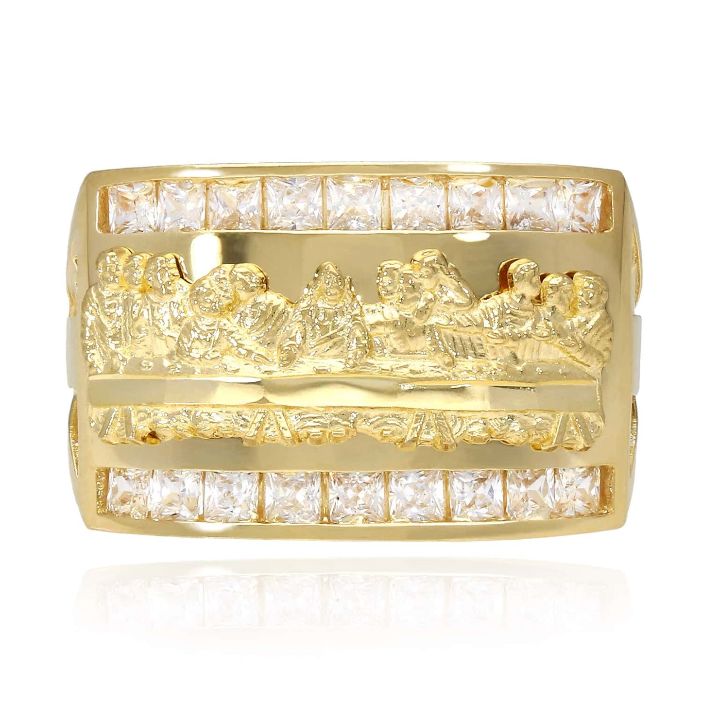10K Gold Yellow Princess Cut Channel CZ Last Supper Signet Ring