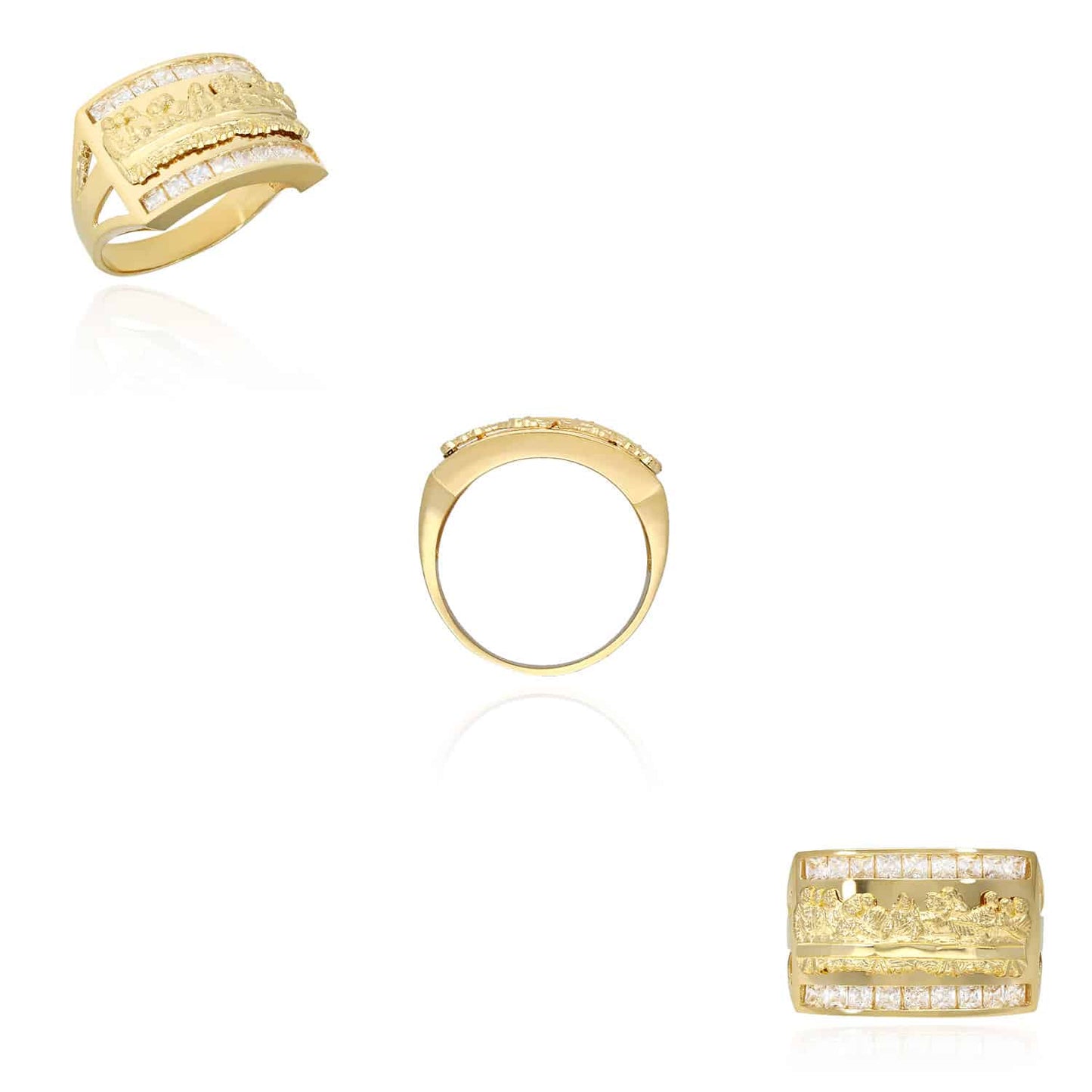 10K Gold Yellow Princess Cut Channel CZ Last Supper Signet Ring
