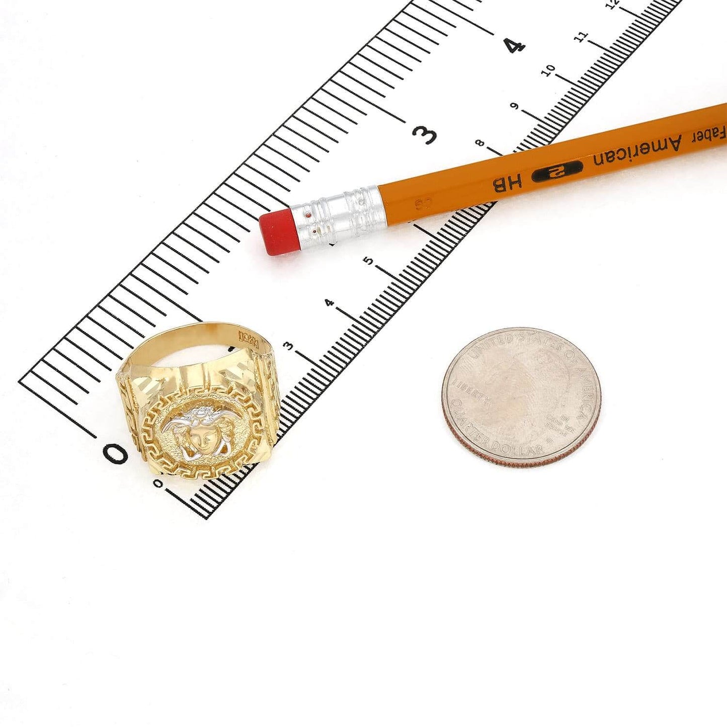 10K Gold Yellow With White Gold Accents Diamond Cut Medusa Head Signet Ring