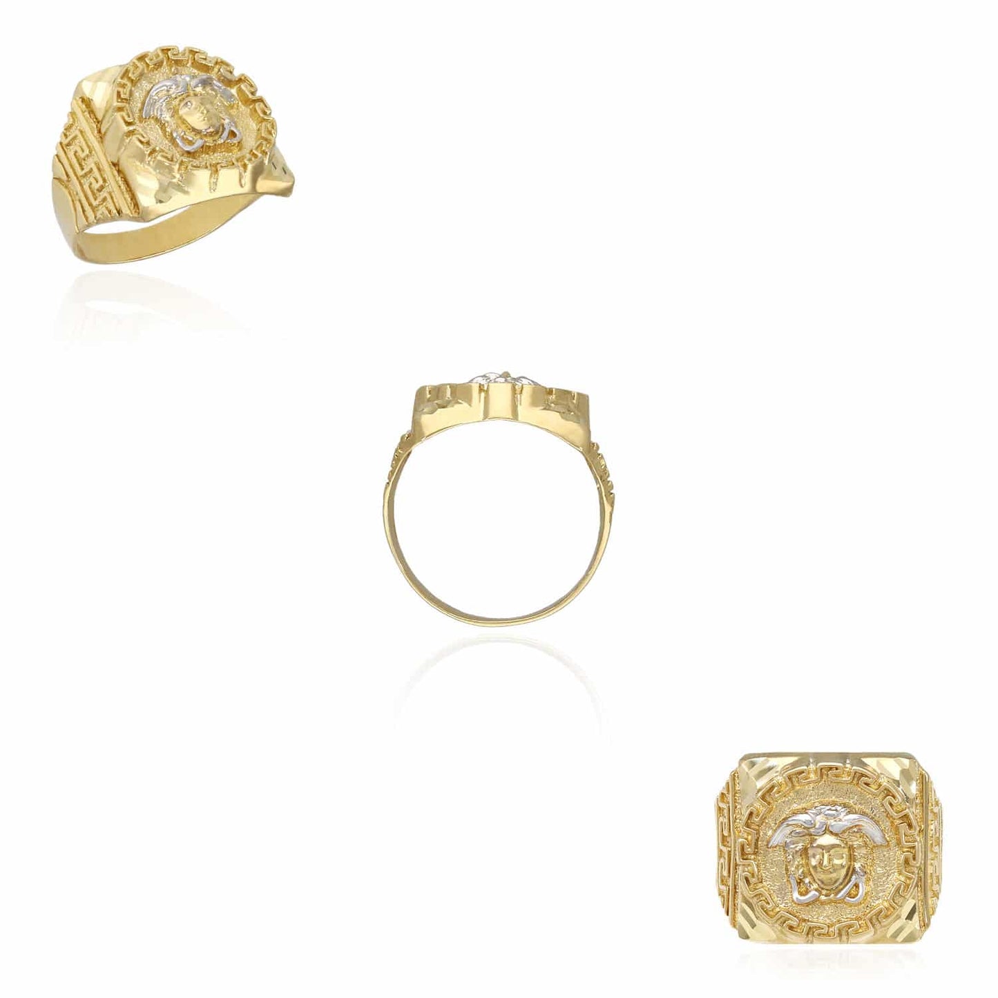 10K Gold Yellow With White Gold Accents Diamond Cut Medusa Head Signet Ring