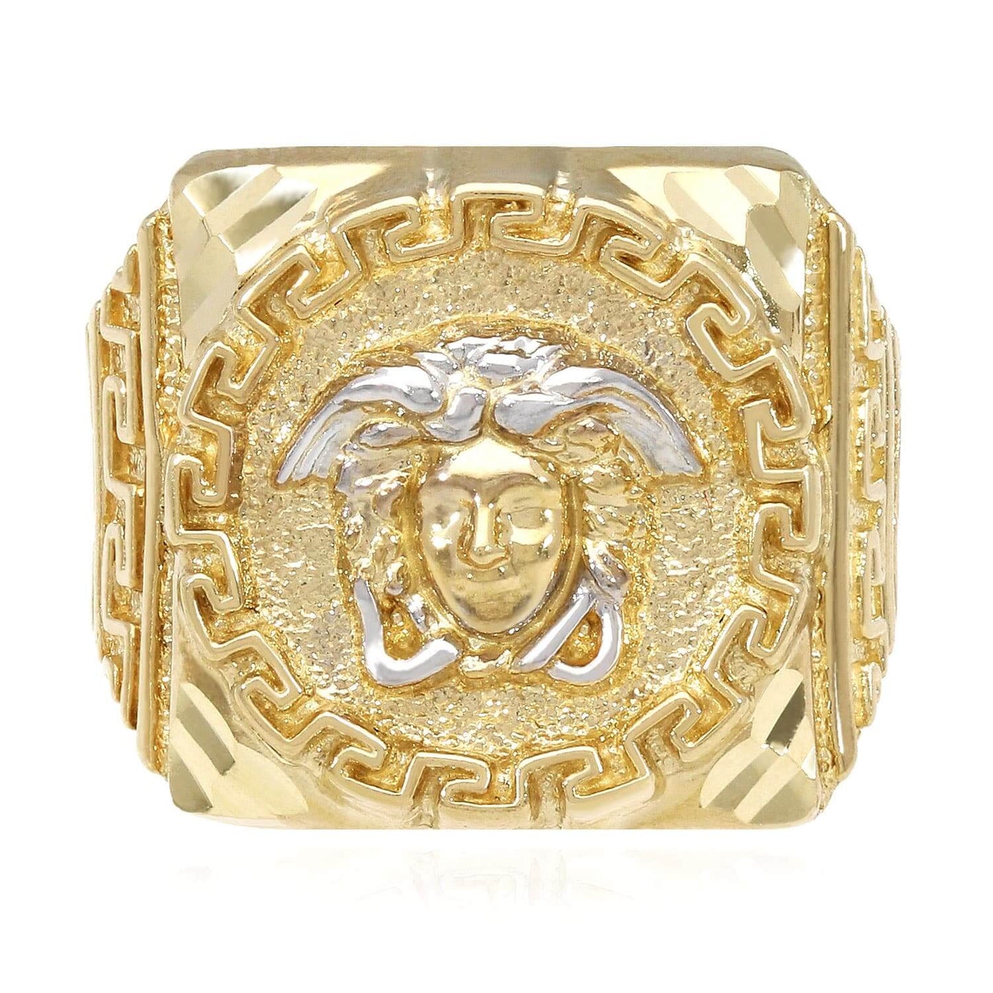 10K Gold Yellow With White Gold Accents Diamond Cut Medusa Head Signet Ring