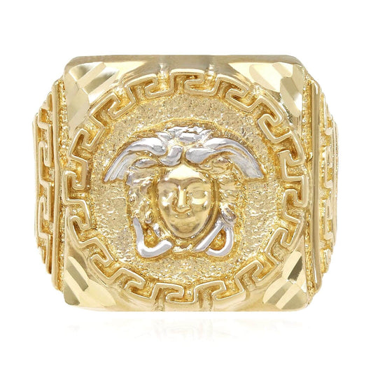 10K Gold Yellow With White Gold Accents Diamond-Cut Medusa Head Signet Ring