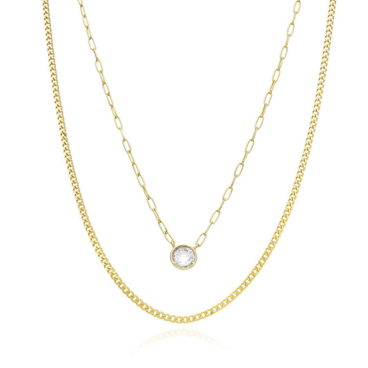 Yellow Gold Over Silver Paperclip Cuban CZ Round Layer Necklace (Solid Links) 16"-18" Adjustable