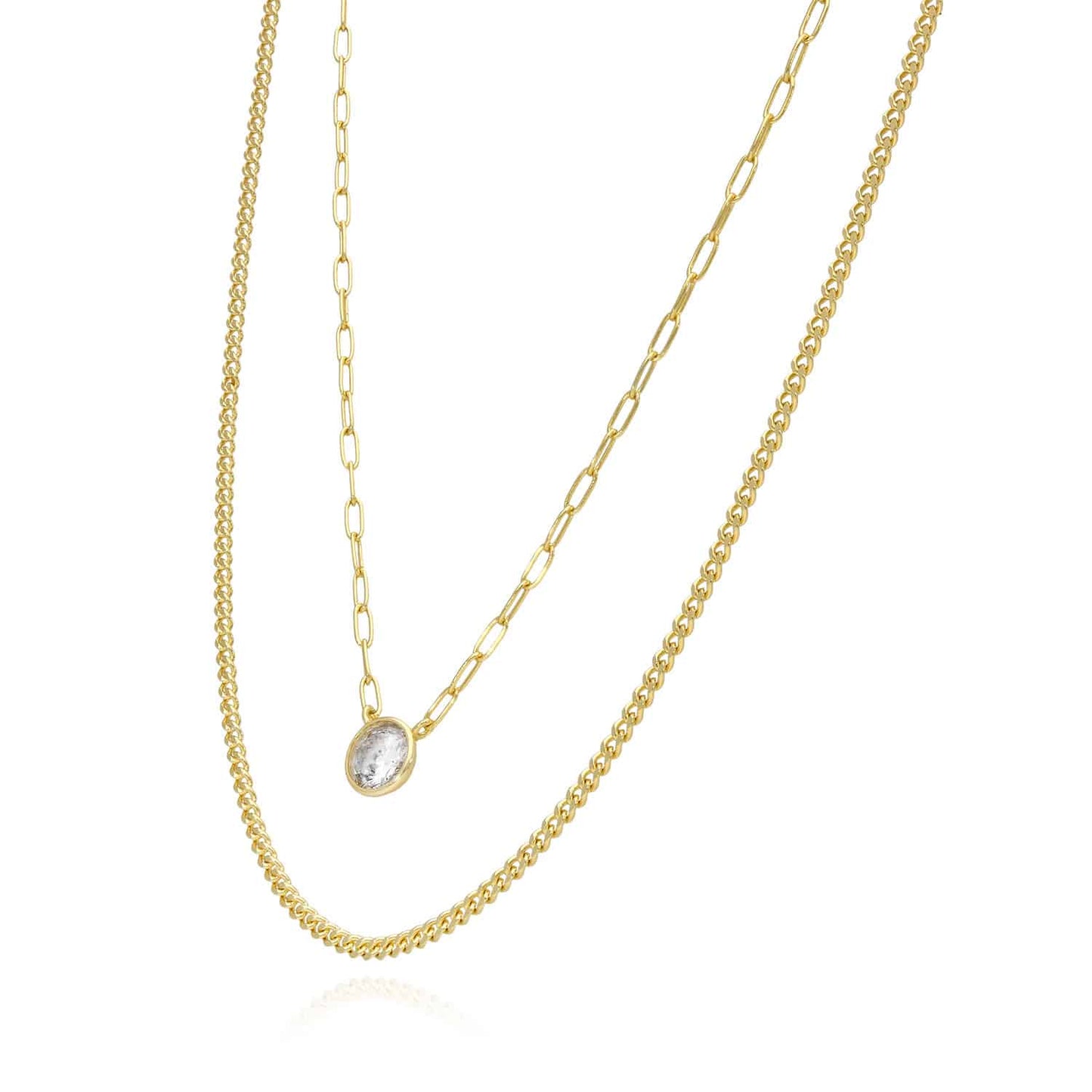 Yellow Gold Over Silver Paperclip Cuban CZ Round Pendant Layer Necklace 16"-18"