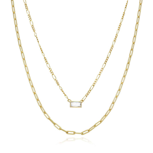 14K Yellow Gold Over Silver 2-Layer Paperclip Rectangle Bezel CZ Necklace (Solid Links)