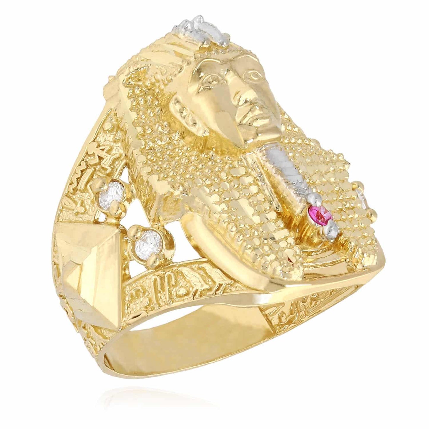 Solid 10K Gold Yellow CZ & Ruby Egyptian Pharaoh Head Mens Ring