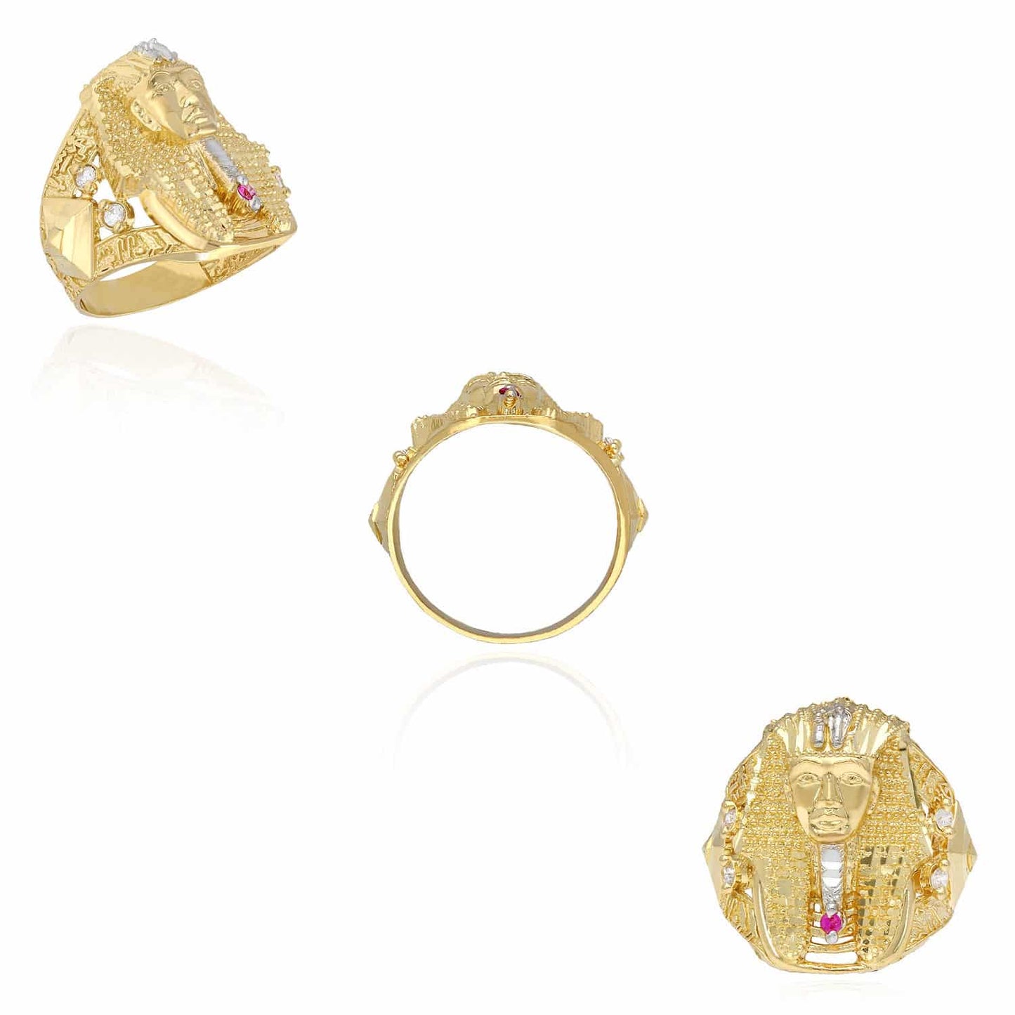 Solid 10K Gold Yellow CZ & Ruby Egyptian Pharaoh Head Mens Ring