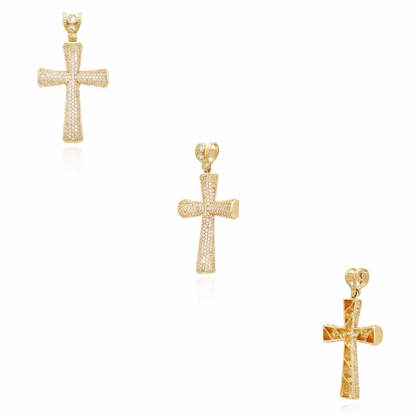 14K Yellow Gold CZ Pave Round Edges Cross Pendant 2"