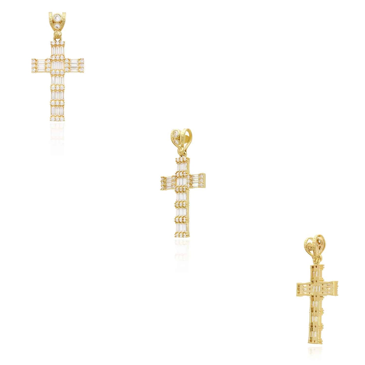 14K Yellow Gold Baguette and Round CZ Cross Pendant 1.8"