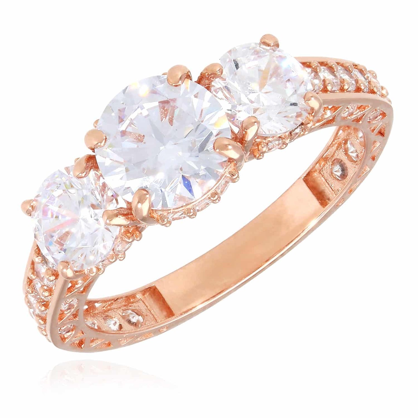 2.75CTW CZ Round 3-Stone 14K Gold Rose Engagement Ring