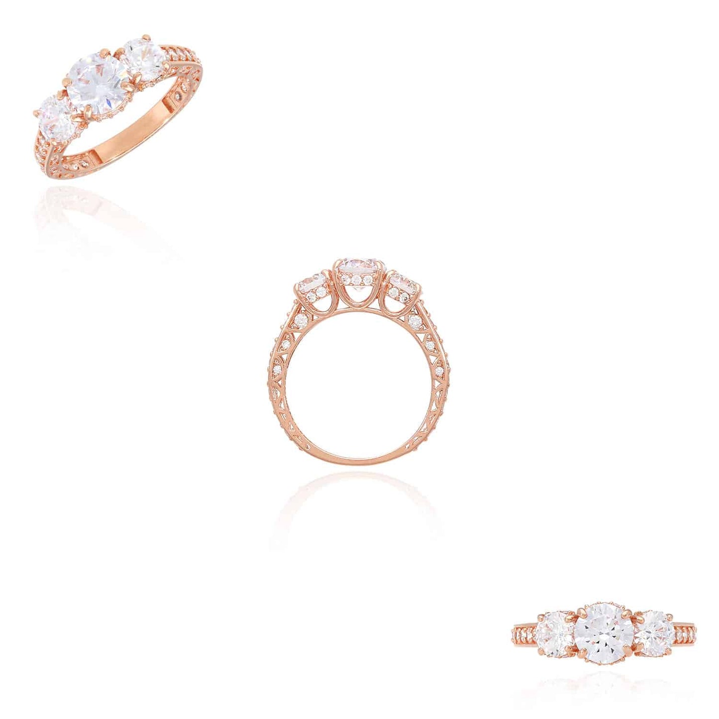 2.75CTW CZ Round 3-Stone 14K Gold Rose Engagement Ring
