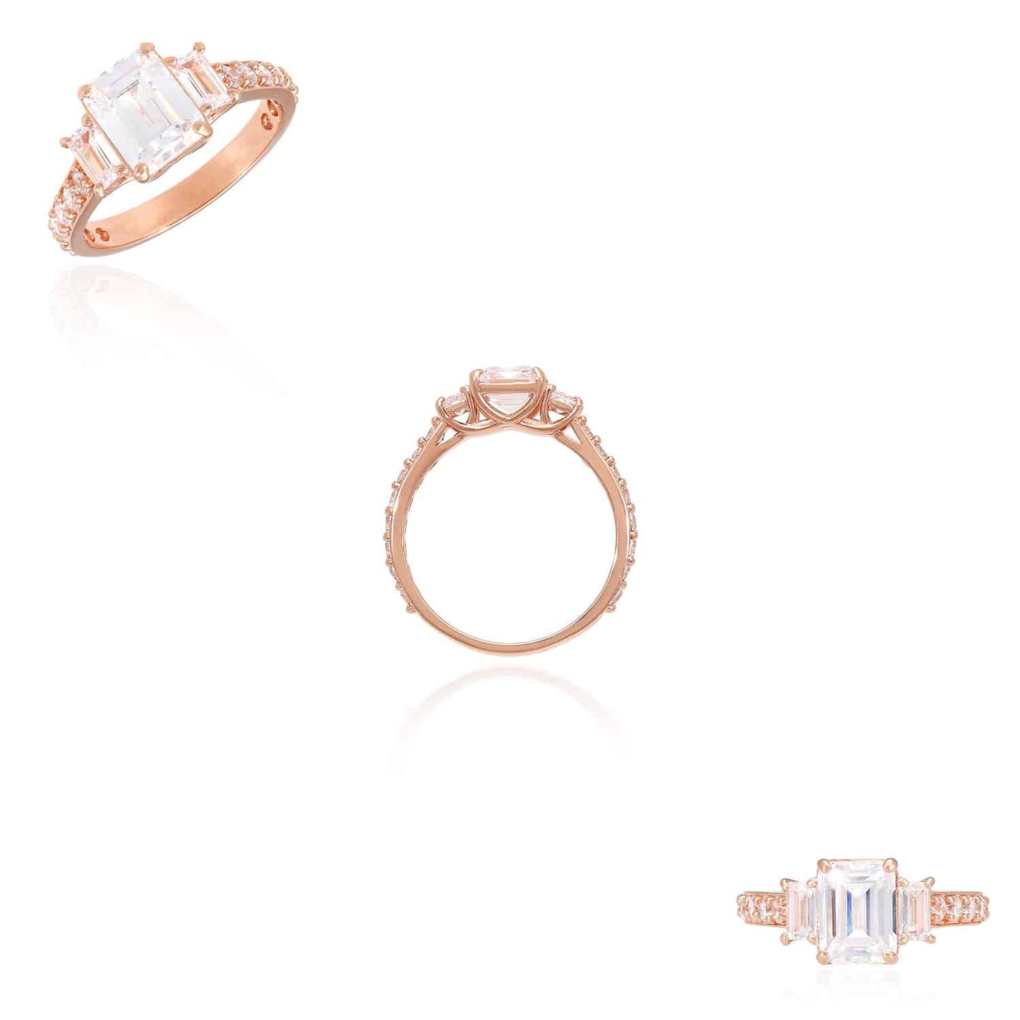 3CTW Emerald-Cut CZ 3-Stone 14K Gold Rose Engagement Ring