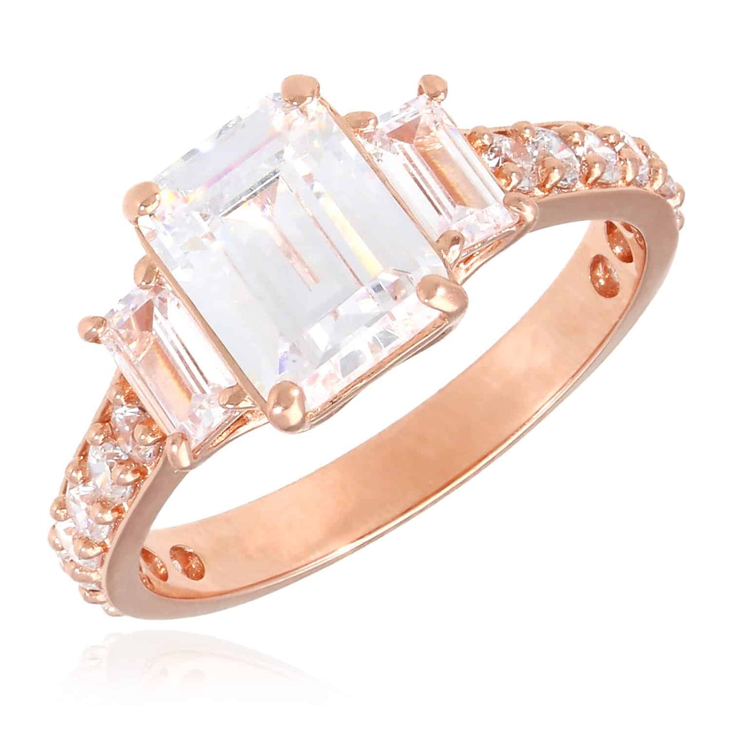 3CTW Emerald-Cut CZ 3-Stone 14K Gold Rose Engagement Ring