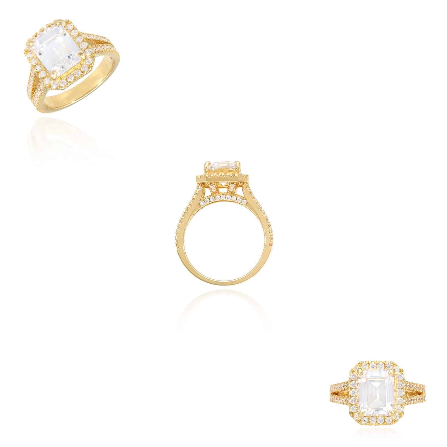 4CTW CZ Emerald-Cut 14K Gold Split Band Halo Engagement Ring