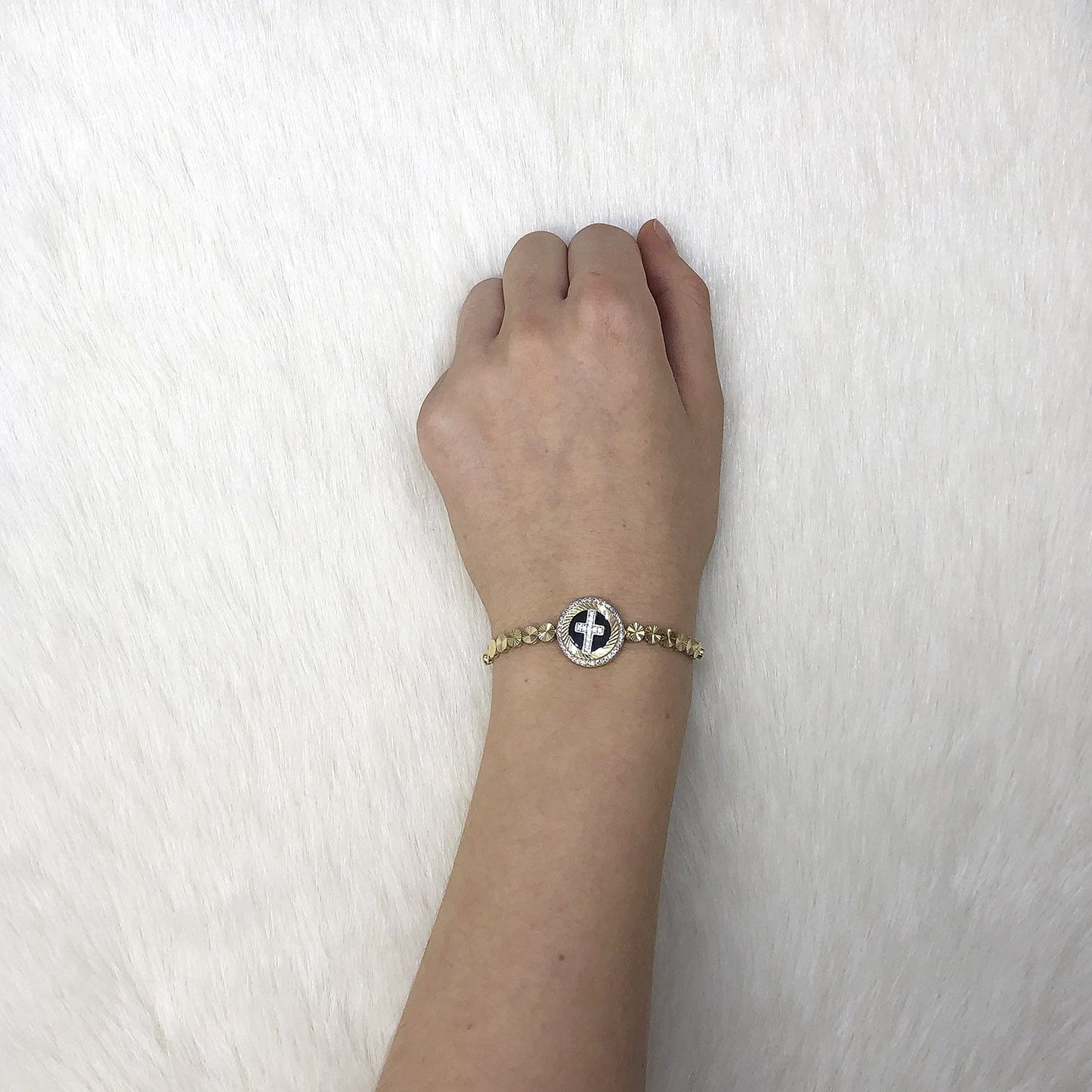 10K Gold Yellow Black Onyx Created Diamond Cross Adjustable Bolo Bracelet