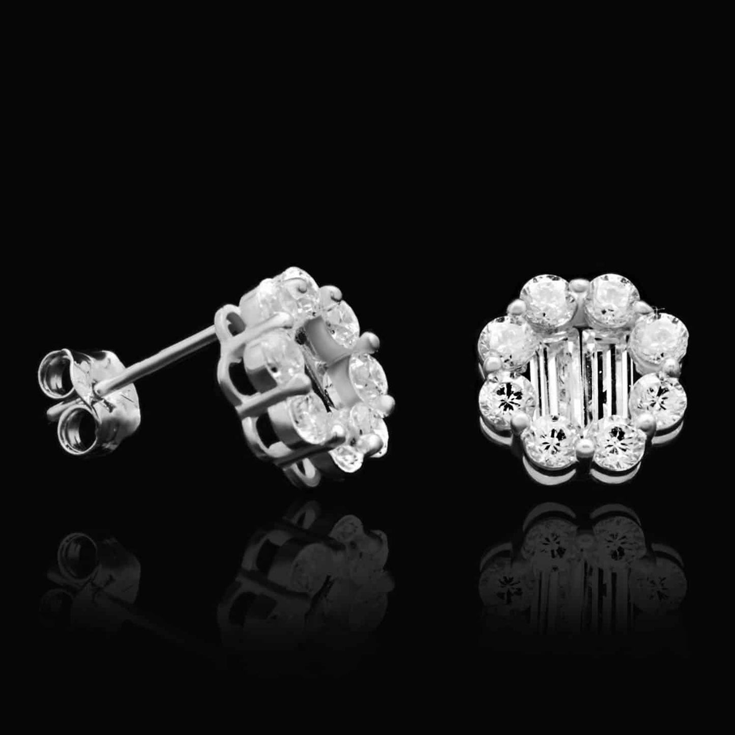 1Ct Round Baguette CZ 14K Yellow White Gold Halo Stud Earrings