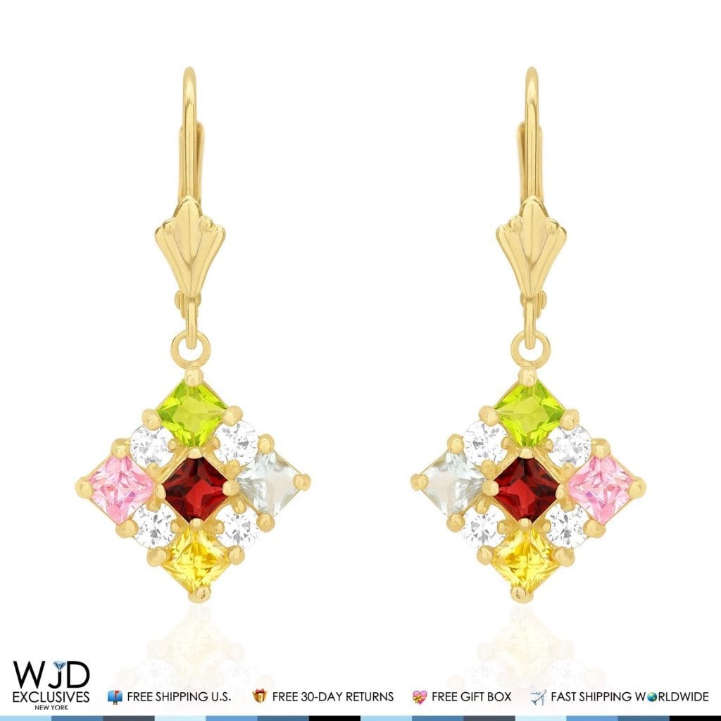 2.50CTW Multi-Color Simulated Gemstone 14K Yellow Gold Dangle Drop Earrings