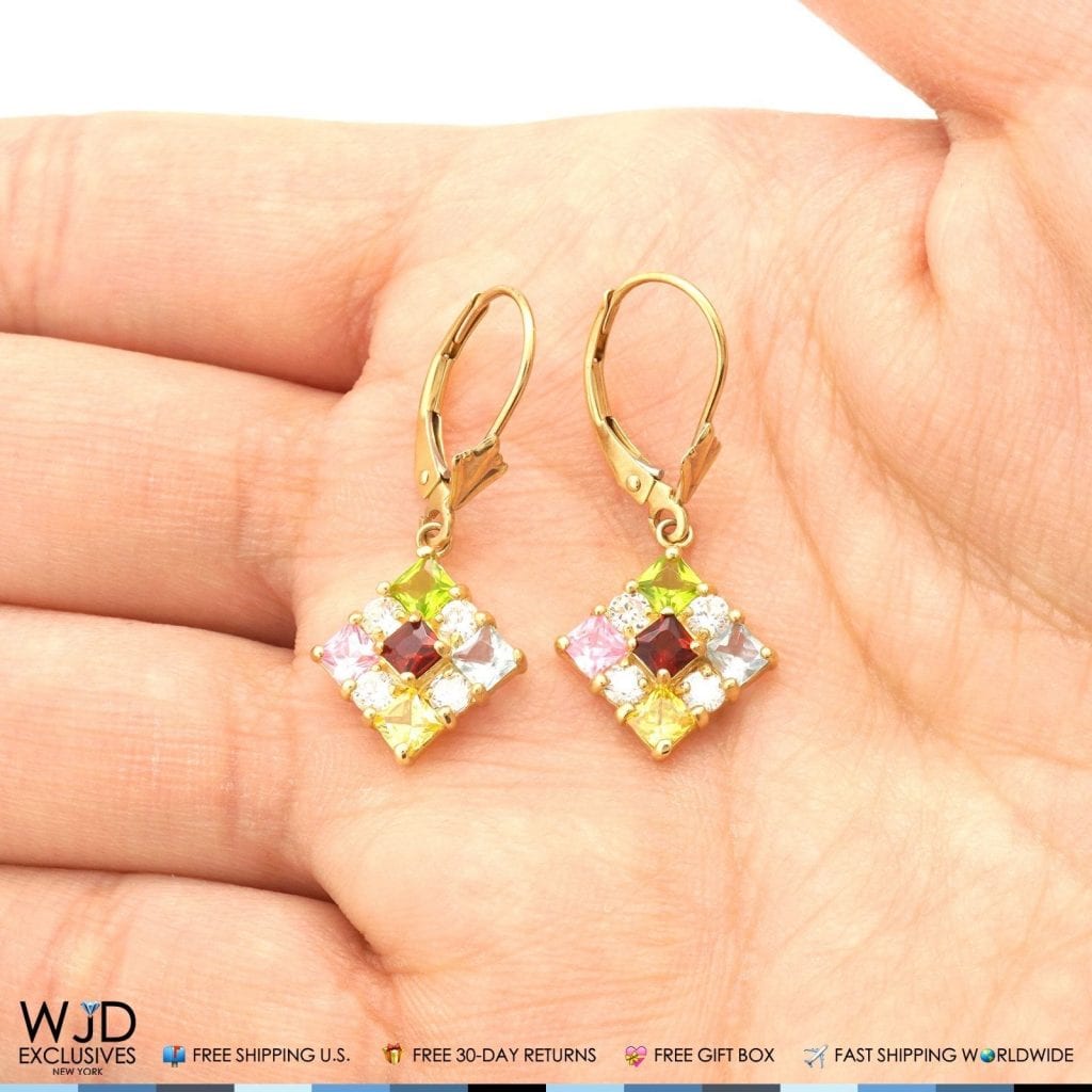 2.50CTW Multi-Color Simulated Gemstone 14K Yellow Gold Dangle Drop Earrings