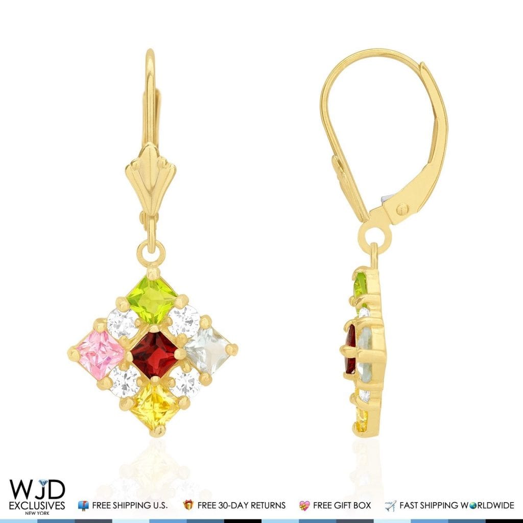 2.50CTW Multi-Color Simulated Gemstone 14K Yellow Gold Dangle Drop Earrings