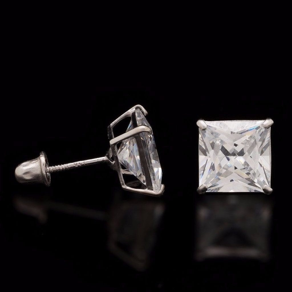 2.50CT Princess-Cut CZ 14K White Gold Screwback Stud Earrings 6mm