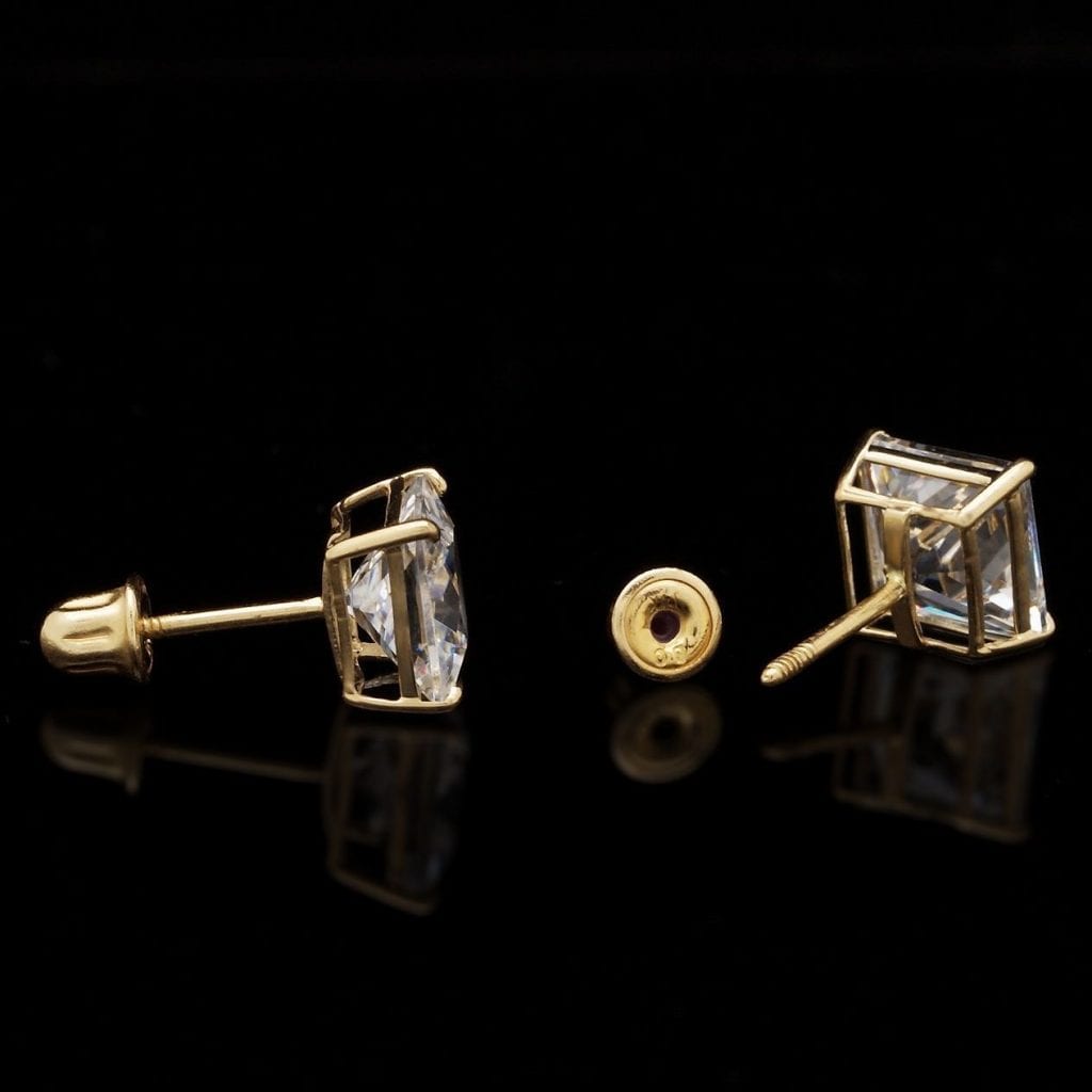 2.50CTW CZ Princes-Cut 14K Yellow Gold Screw Stud Earrings 6mm