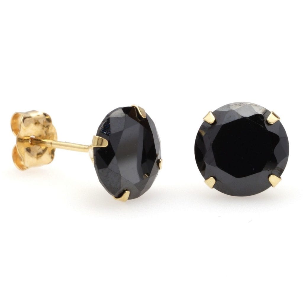 14K Yellow Gold 2.5Ct Simulated Black Diamond Round Push Back Stud Earrings 7mm