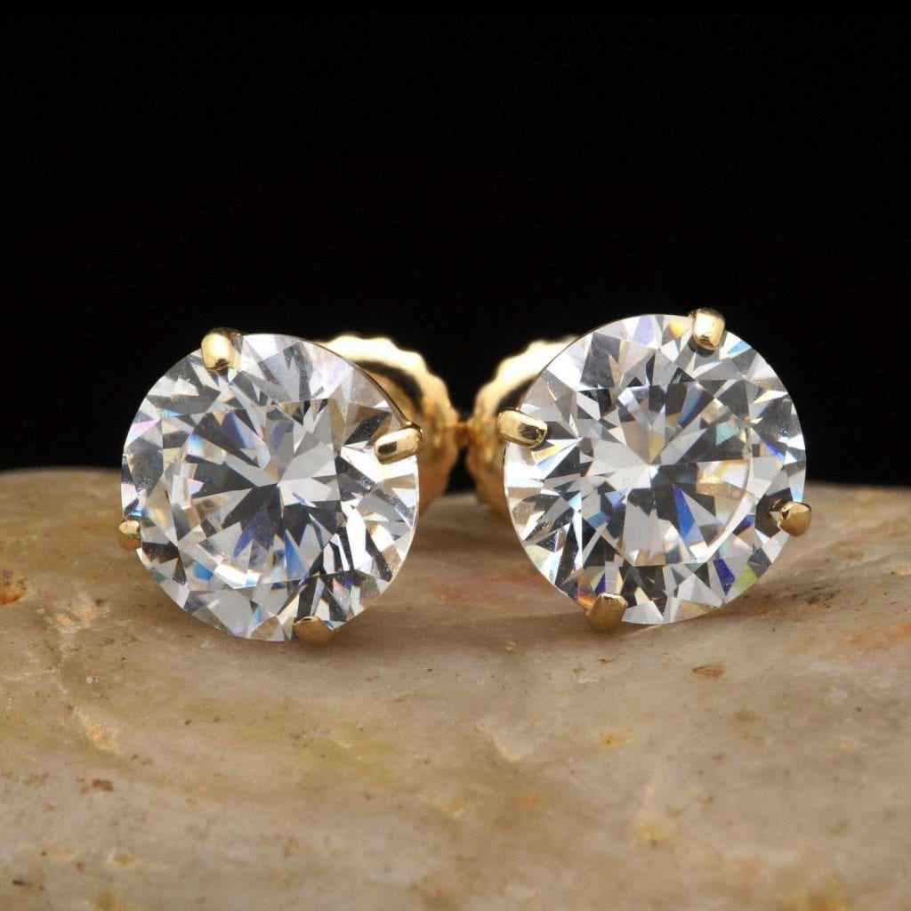2.5Ct CZ 14K Yellow Gold Round Cut Screw Back Stud Earrings 7mm
